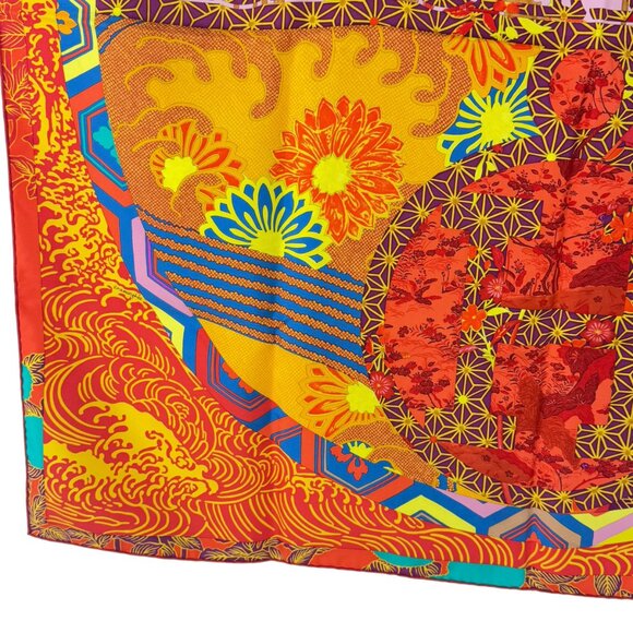HERMES Orange & Multicolor 100% Silk Ex-Libris En Kimonos Pattern Scarf France - Picture 5 of 11